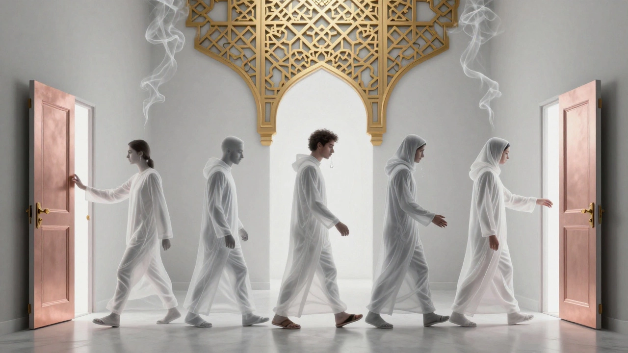 Translucent figures pass through floating doors, each revealing a moment of human tenderness, rising incense and golden patterns above.