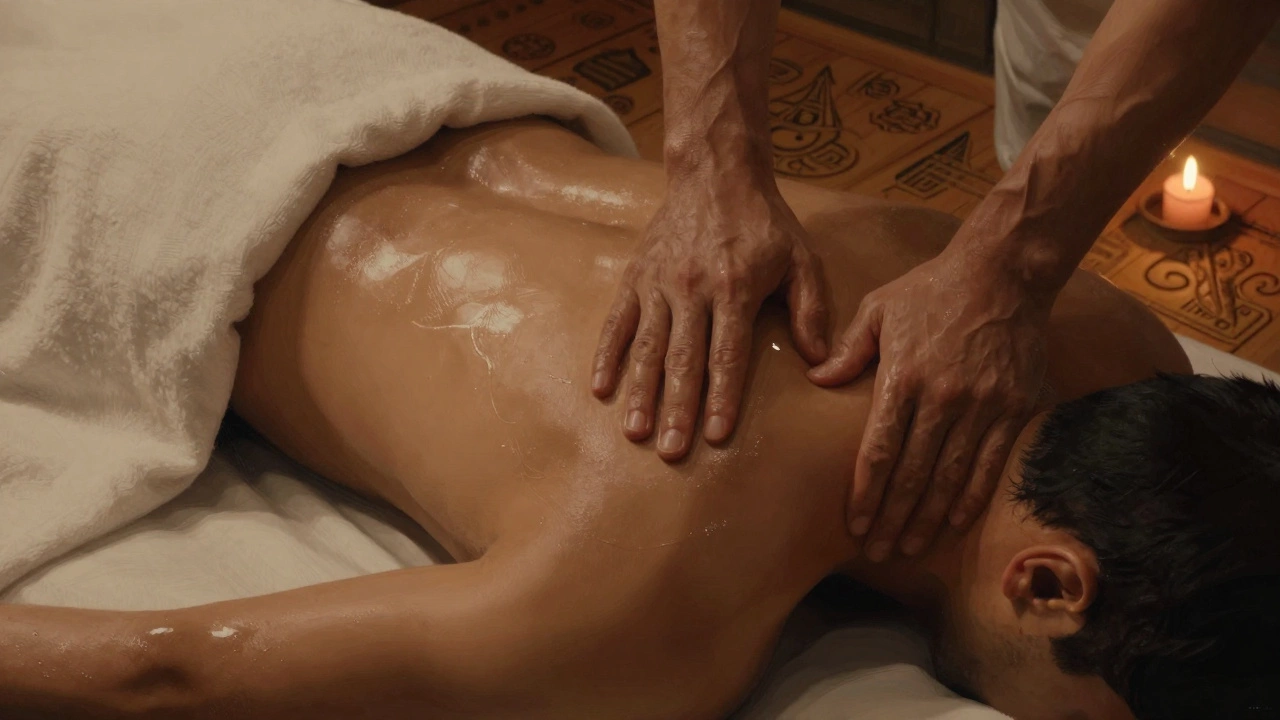 Two hands in silent connection: one pressing gently into a man’s shoulder during a massage, oil glistening in low candlelight.